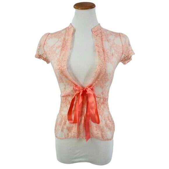 VTG Peach Sheer Lace Top | Coquette Boho Indie Sleaze Fairycore Balletcore Siren - Picture 12 of 13